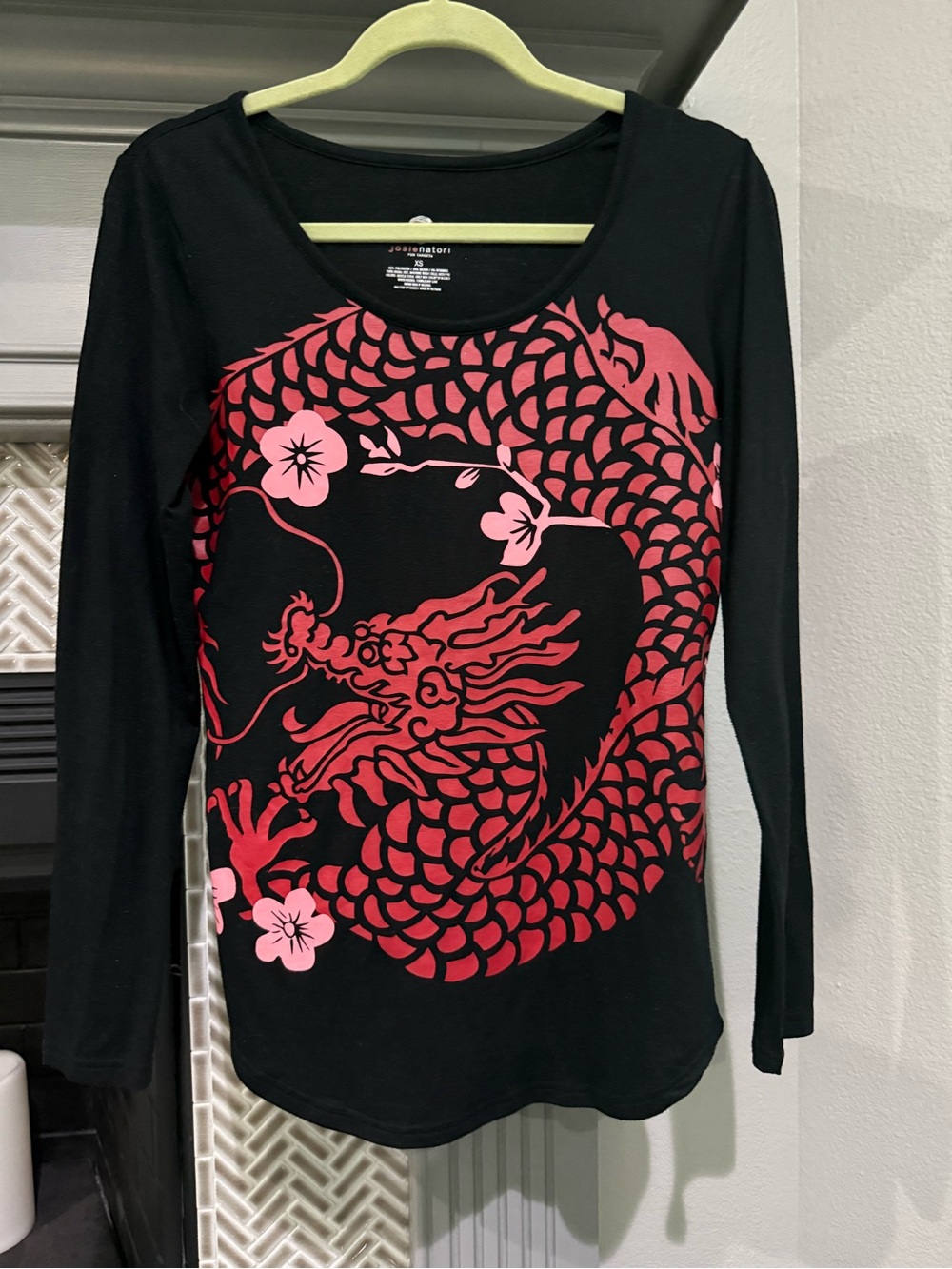 Natori Black Long-Sleeve Tee with Pink and Red Dragon Graphic